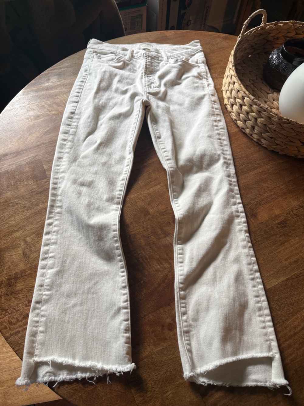 MOTHER Off-White Frayed Hem Flare Jeans
